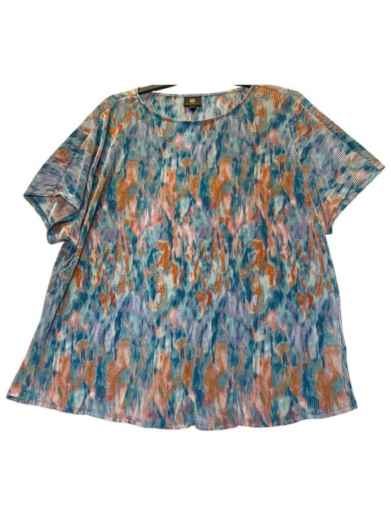 JM Collection Tops - JM Collection 1X Multicolor Pleated Short Sleeve Top Etched Glass Pattern flowy